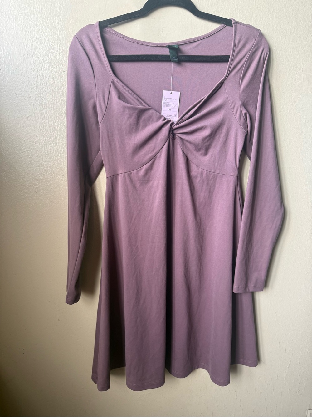 Long Sleeve Twist-Knot A-Line Dress in Mauve